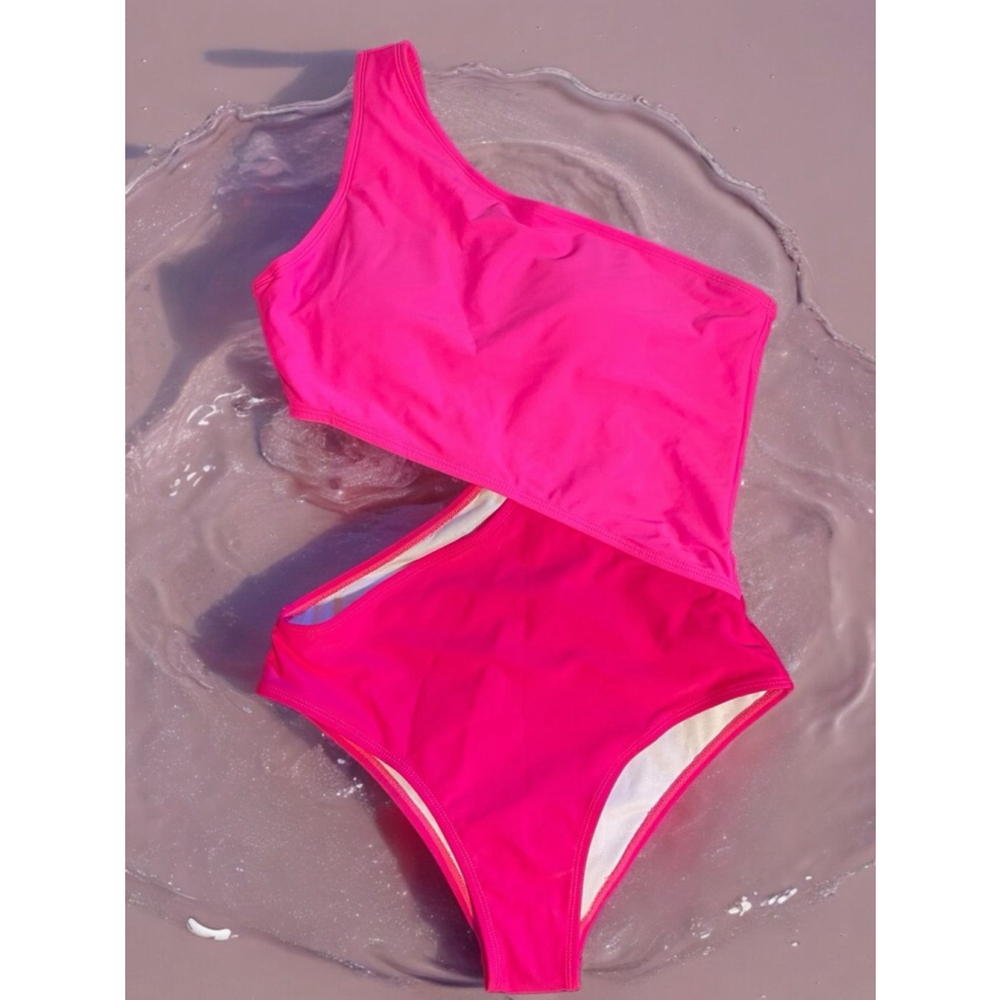 Size M One-Piece Swimsuit Pink Cutouts Two-tone One shoulder Beach Vacation